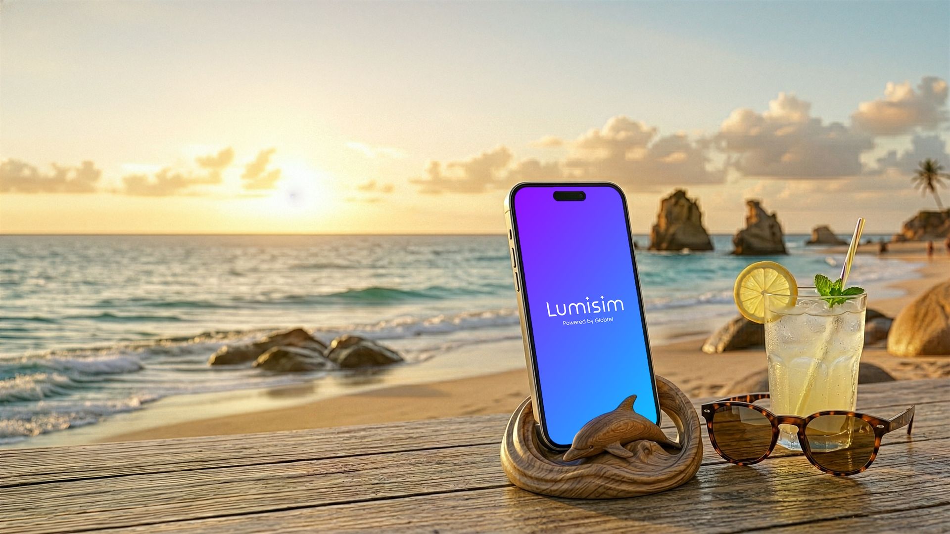 Phone with Lumisim app on first plan - beach in the beackground