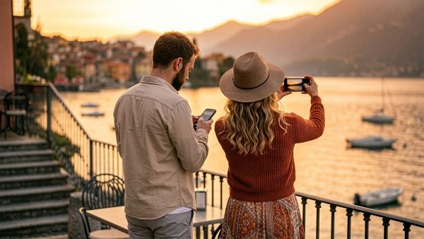 Paar in der Nähe einer malerischen Aussicht. Mann schaut auf sein Handy, Frau macht ein Foto.